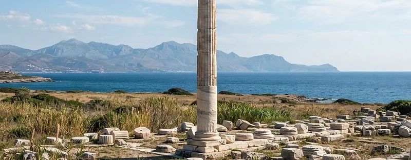 A single standing marble column among foundations and reeds at the Heraion of Samos, with hills beyond.