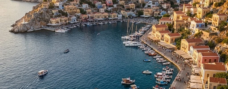The horseshoe harbour of Symi from above, honey-coloured houses climbing both sides of the bay.