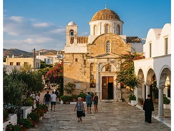 The whitewashed domed church of Panagia Ekatontapyliani in Parikia, Paros.