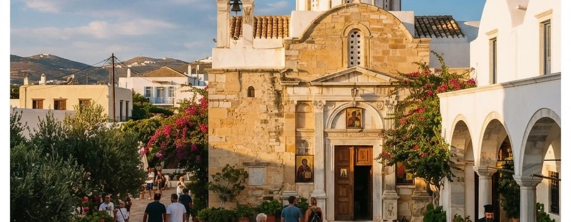 The whitewashed domed church of Panagia Ekatontapyliani in Parikia, Paros.