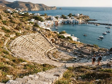 Weathered stone seating of the ancient theatre of Milos above a small seaside village.