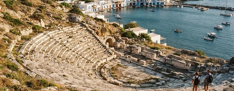 Weathered stone seating of the ancient theatre of Milos above a small seaside village.