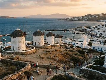 White cylindrical windmills with thatched roofs on the ridge above Mykonos Town.