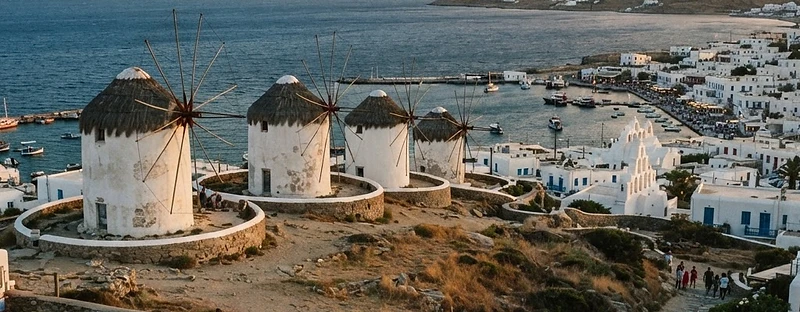White cylindrical windmills with thatched roofs on the ridge above Mykonos Town.
