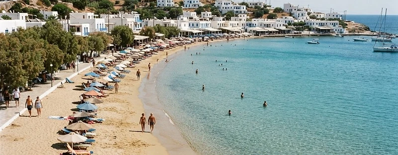 The long sandy curve of Platis Gialos beach on Sifnos with tamarisk trees behind.