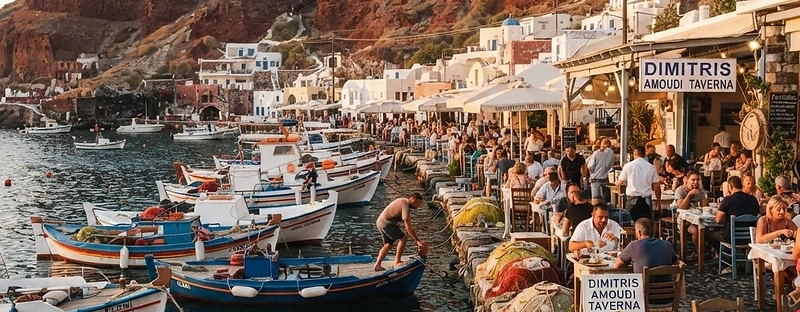 Fishing boats and waterside taverna tables at Amoudi Bay below Oia, Santorini.