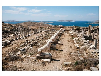 Ruined columns, foundations and the terrace of the lions on the island of Delos.