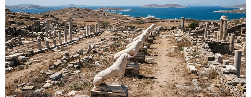 Ruined columns, foundations and the terrace of the lions on the island of Delos.