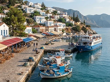 Fishing boats and tavernas along the stone quay at Patitiri, the port of Alonissos.