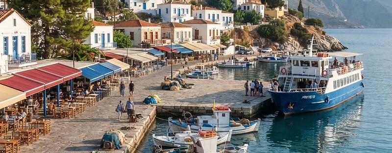 Fishing boats and tavernas along the stone quay at Patitiri, the port of Alonissos.