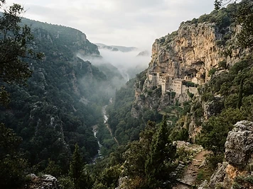 A monastery built into the cliff of the Lousios Gorge in Arcadia