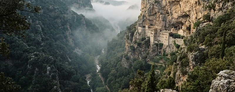 A monastery built into the cliff of the Lousios Gorge in Arcadia