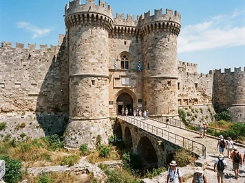 The fortified gate and towers of the Palace of the Grand Master in Rhodes.