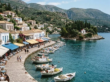 The quay and tavernas of Gaios on Paxos, with boats moored and a wooded islet and chapel in the water offshore.