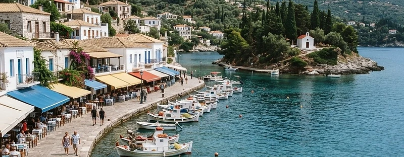 The quay and tavernas of Gaios on Paxos, with boats moored and a wooded islet and chapel in the water offshore.