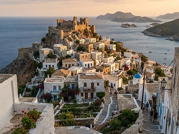 The old hilltop Chora of Alonissos, stone and whitewashed houses around a ruined castle in the evening light.