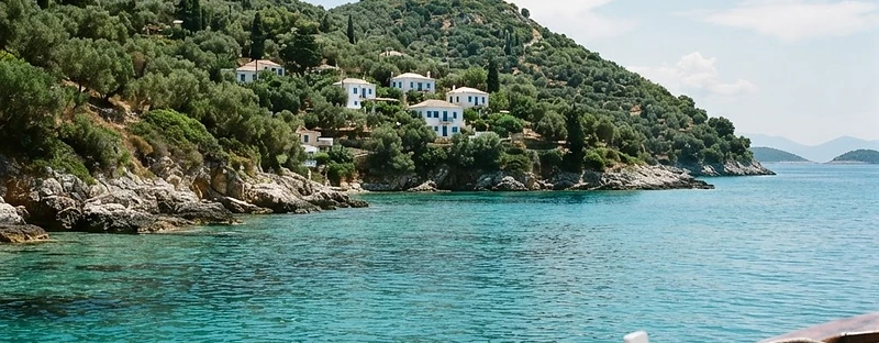 Olive-covered slopes of Paxos coming down to clear turquoise water, seen from a boat.