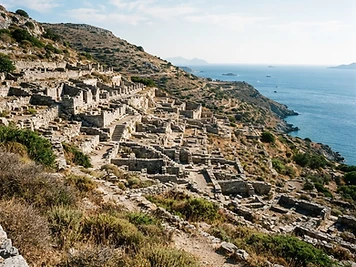 Terraces of grey stone ruins on a hillside above the sea at ancient Kamiros, Rhodes.