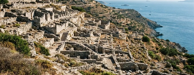Terraces of grey stone ruins on a hillside above the sea at ancient Kamiros, Rhodes.