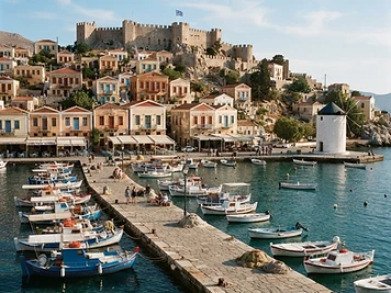 The harbour and castle walls of Chios Town, with fishing boats along the quay and a windmill on the waterfront.