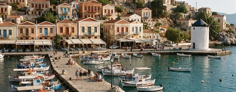 The harbour and castle walls of Chios Town, with fishing boats along the quay and a windmill on the waterfront.