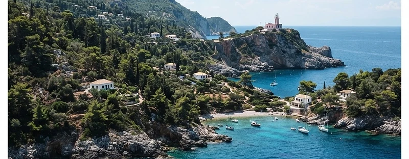 The pine-covered coastline and headland of Spetses seen from the sea, with a lighthouse on the point.