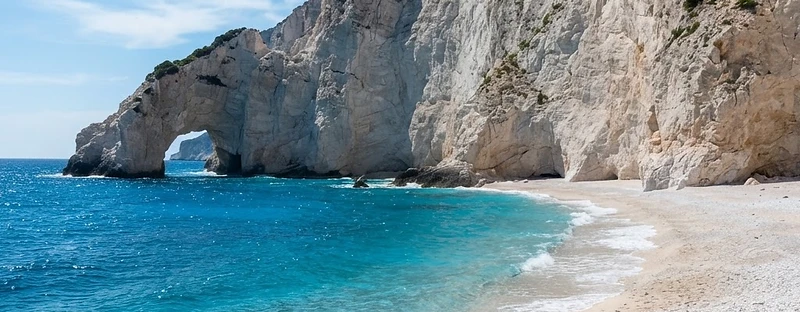 The white pebble beach at Lalaria under white limestone cliffs on Skiathos, with a rock arch in the water.