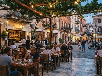 A taverna terrace on a marble square in Nafplio