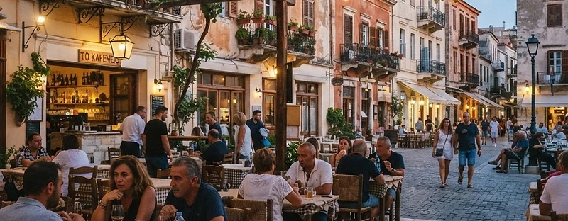 A taverna terrace on a marble square in Nafplio