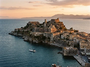 The Venetian Old Fortress of Corfu on its promontory, seen across the water.