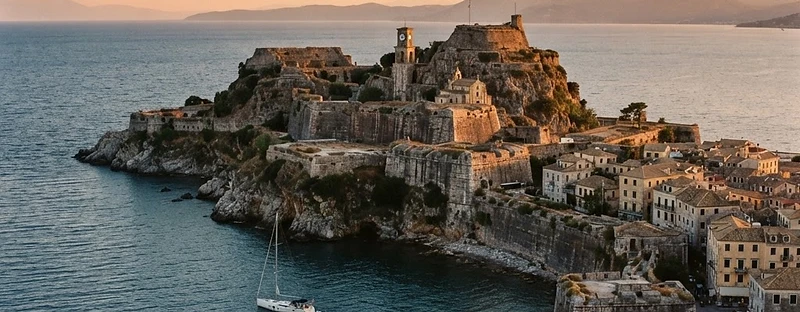 The Venetian Old Fortress of Corfu on its promontory, seen across the water.