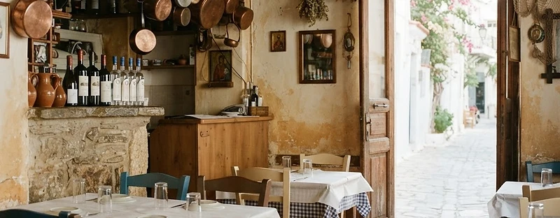 The paper-tableclothed interior of a small Athens taverna