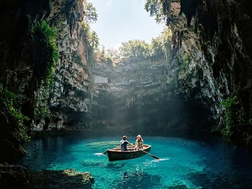 A rowing boat on the turquoise underground lake of Melissani cave, lit from the opening above.