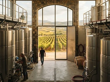 Vine rows in the Nemea valley seen from a winery doorway