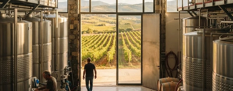 Vine rows in the Nemea valley seen from a winery doorway