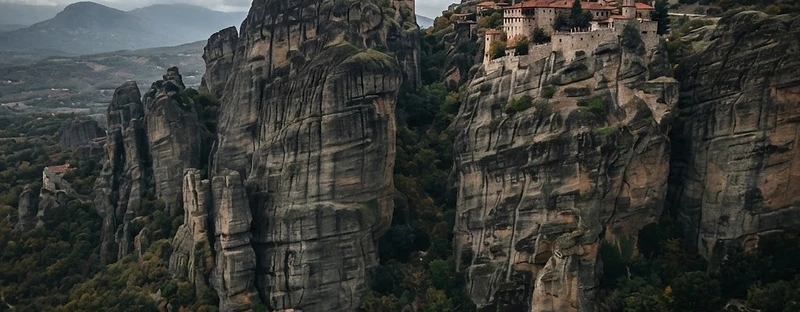 Meteora monasteries on sandstone rock pinnacles