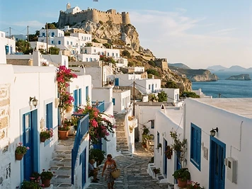 Whitewashed houses climbing the hill below the kastro in Plaka, Milos.