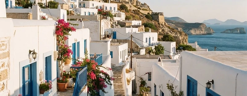 Whitewashed houses climbing the hill below the kastro in Plaka, Milos.