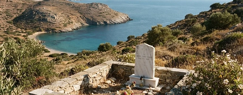 The white marble headstone of Rupert Brooke’s grave on the hillside above Tris Boukes bay on Skyros.