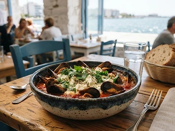 Mydia Saganaki, a Thessaloniki Greek dish
