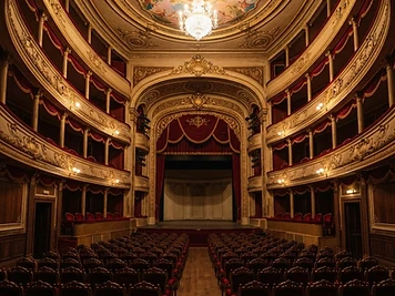 The gilded tiers of boxes and painted ceiling inside the Apollon Theatre in Ermoupoli, Syros.