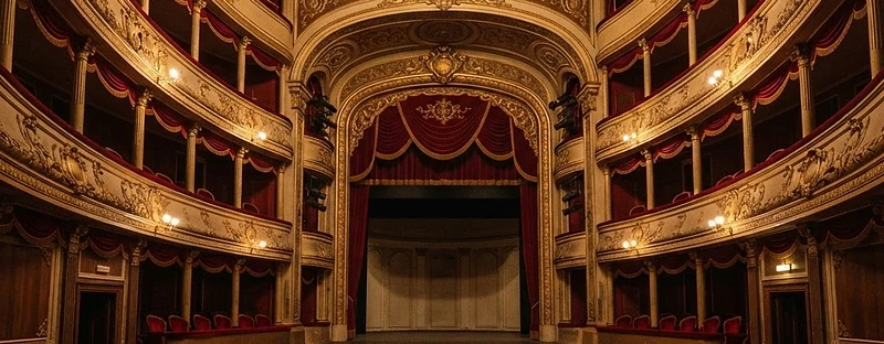 The gilded tiers of boxes and painted ceiling inside the Apollon Theatre in Ermoupoli, Syros.