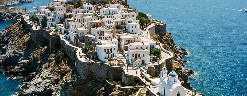 The medieval village of Kastro on Sifnos, built on a headland above the sea.