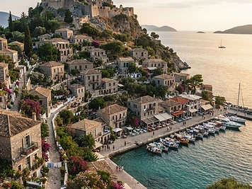 The stone village of Molyvos on Lesvos climbing to its Byzantine castle, with the fishing harbour below.