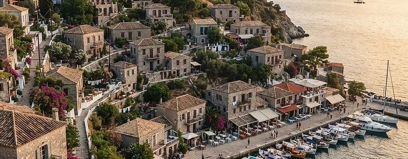 The stone village of Molyvos on Lesvos climbing to its Byzantine castle, with the fishing harbour below.