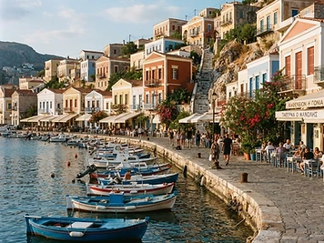 Taverna tables along the stone quay at Gialos on Symi, with painted houses rising behind and the steps up to Chorio.