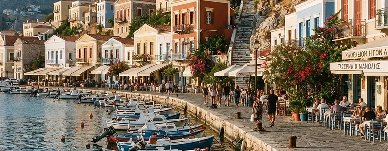 Taverna tables along the stone quay at Gialos on Symi, with painted houses rising behind and the steps up to Chorio.