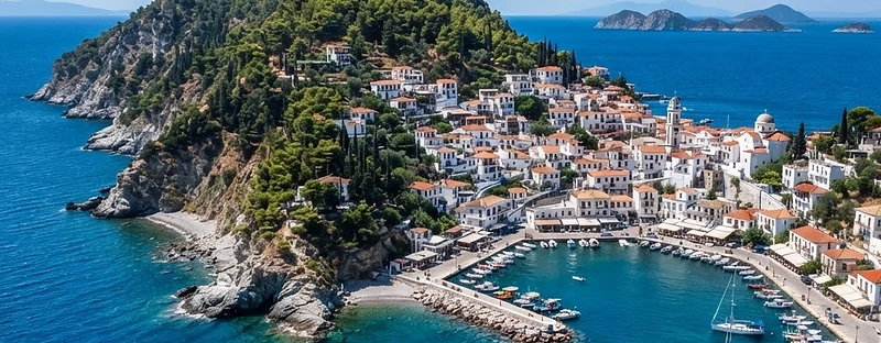 The wooded coastline and harbour of Alonissos seen from the sea, with uninhabited islets beyond.