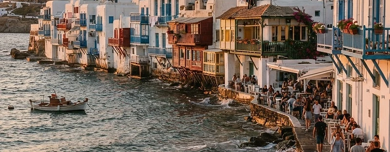 Colourful balconied houses built directly over the water at Little Venice, Mykonos.