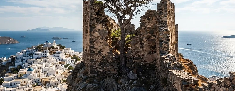 Ruined stone walls of the Byzantine kastro on the hilltop above Skyros town, with a pine growing through them.